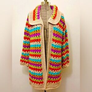 Handmade Cotton Crochet Kimono Style Cardigan Sweater Layer Starburst Retro S/M